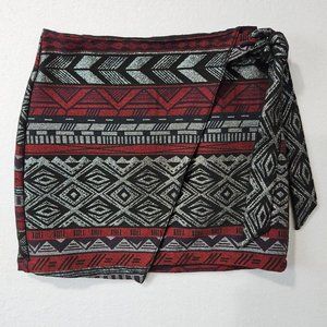 Express Womens 00 Silver Red Aztec Southwest Wrap Front Tweed Mini Skirt Stretch